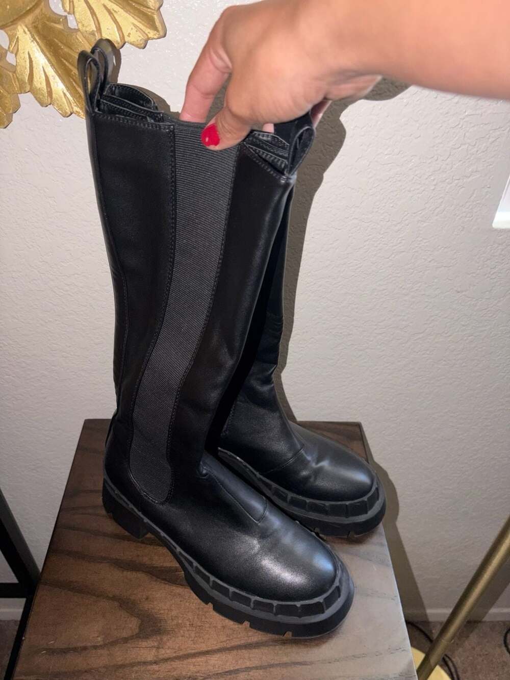 Unbranded Black Faux Leather Knee-High Lug Sole Chelsea Boots